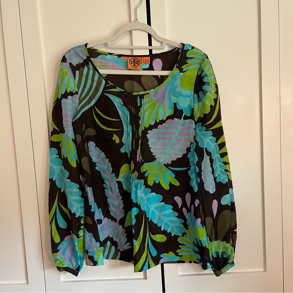 Tory Burch Blue Graphic Long Sleeve Blouse